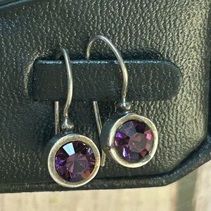 Sterling Silver Dangle Earrings with Faceted Purple CZ Stones, Marked 925. E963